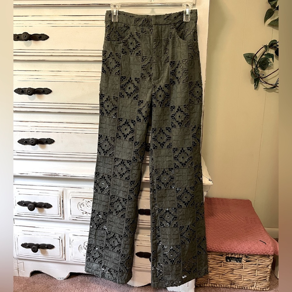 NWT Zara Flared Pants Olive Green Lace Detail w Pockets